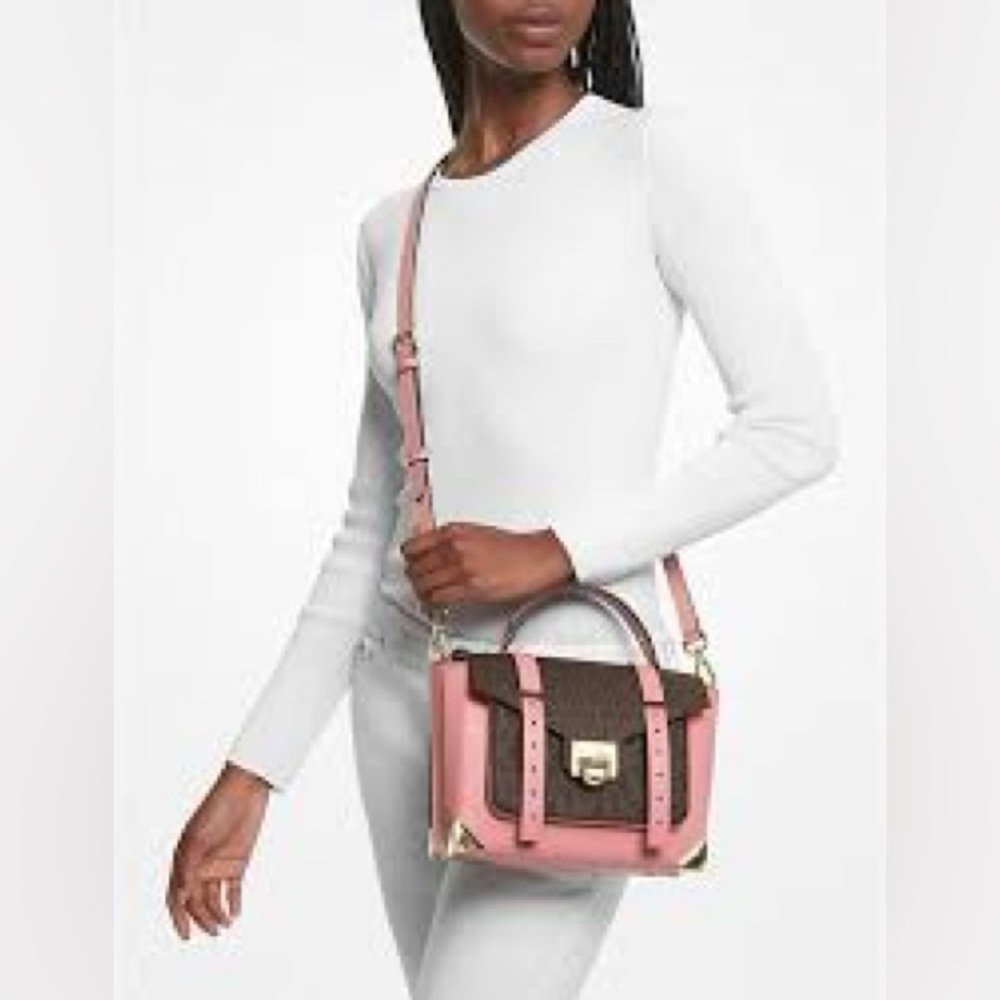 Michael Kors Manhattan Medium Leather and Logo  crossbody Powder Blush - Picture 15 of 16